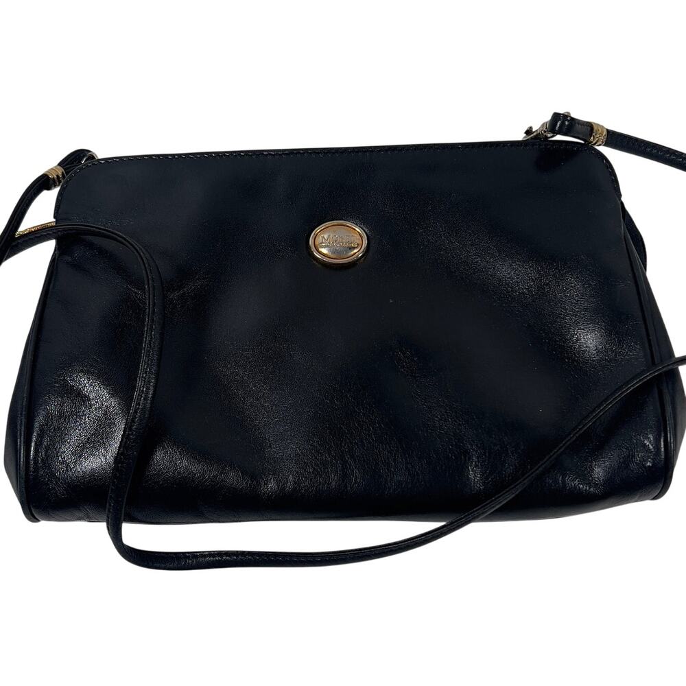 Vintage Monet Black Crossbody Bag Gold Tone Hardware Monogram RBS Clutch Purse